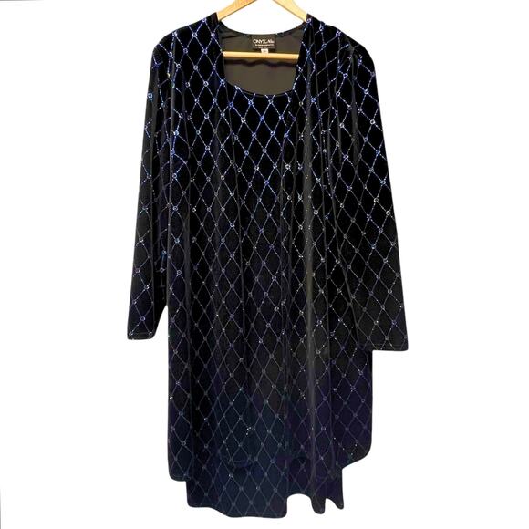 Vintage Onyx 2 Piece Dress Open Blazer Black Velvet Rhinestone Metallic Size 16 - Picture 1 of 10